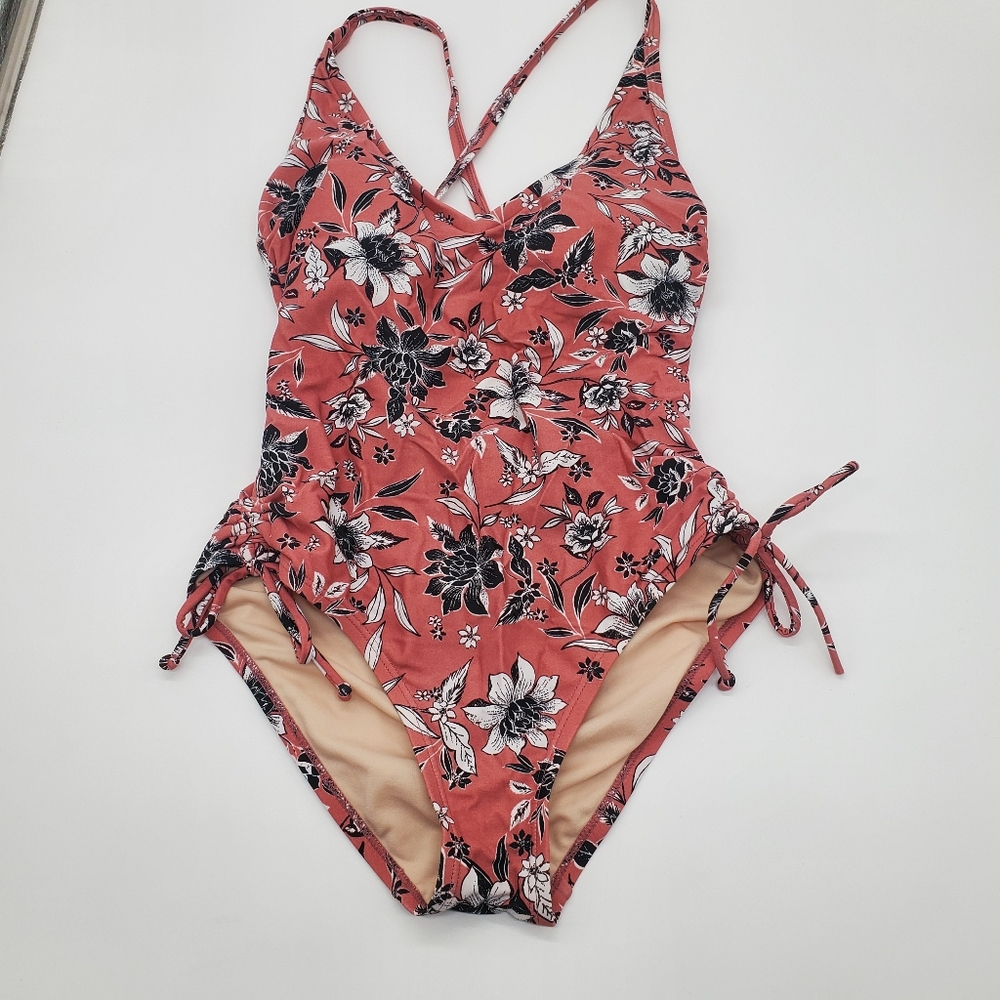 ☆ Kona Sol Floral One Piece Swim Suit Size Small Pink White